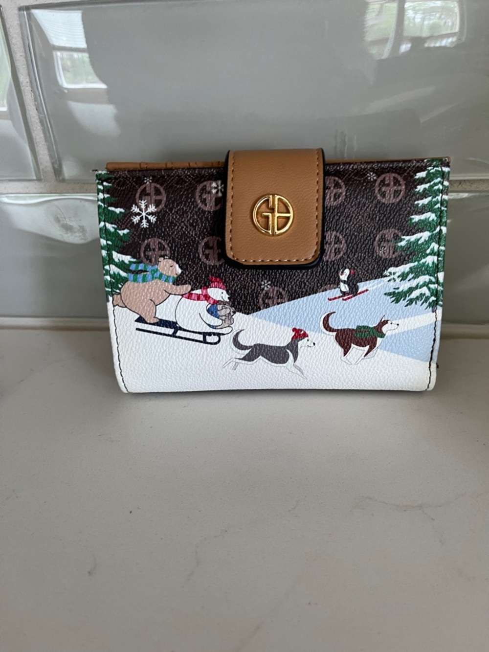 Gianni Bernini  Brown & White Winter Dog Print Compact Wallet